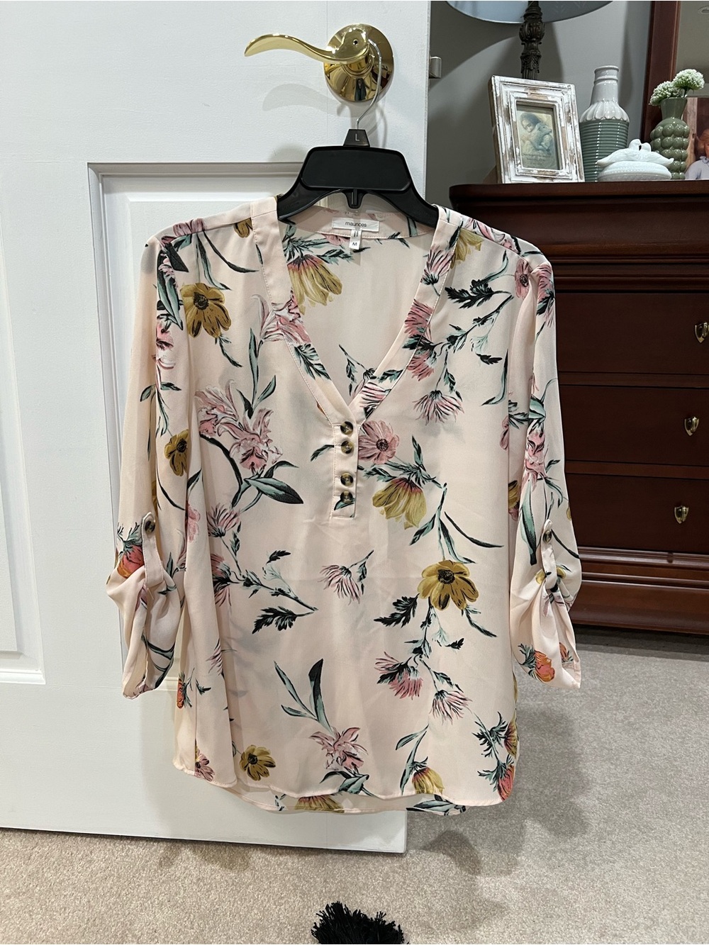 Floral V-Neck Roll-Sleeve Blouse with Button Tabs- Cream Pink